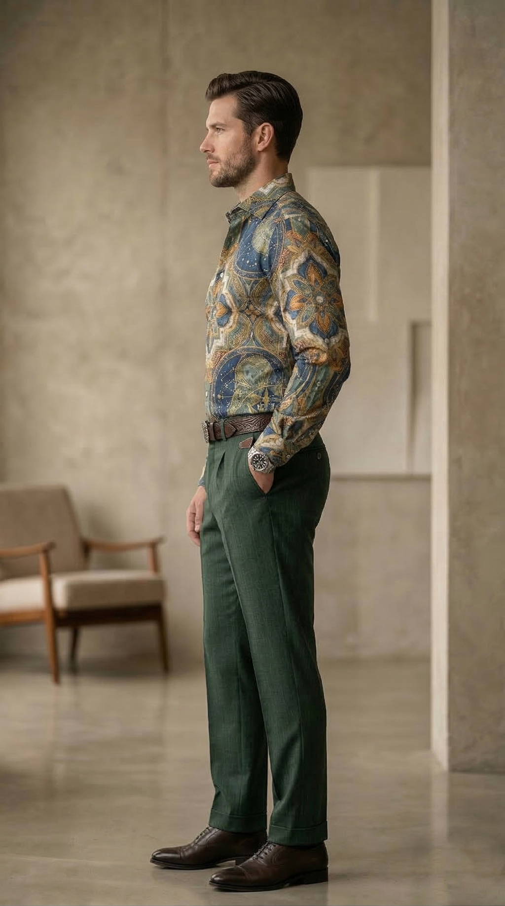 Designer Men’s Maritime Celestial Print Shirt – Deep Sea Teal & Ochre Compass Mandala Motif