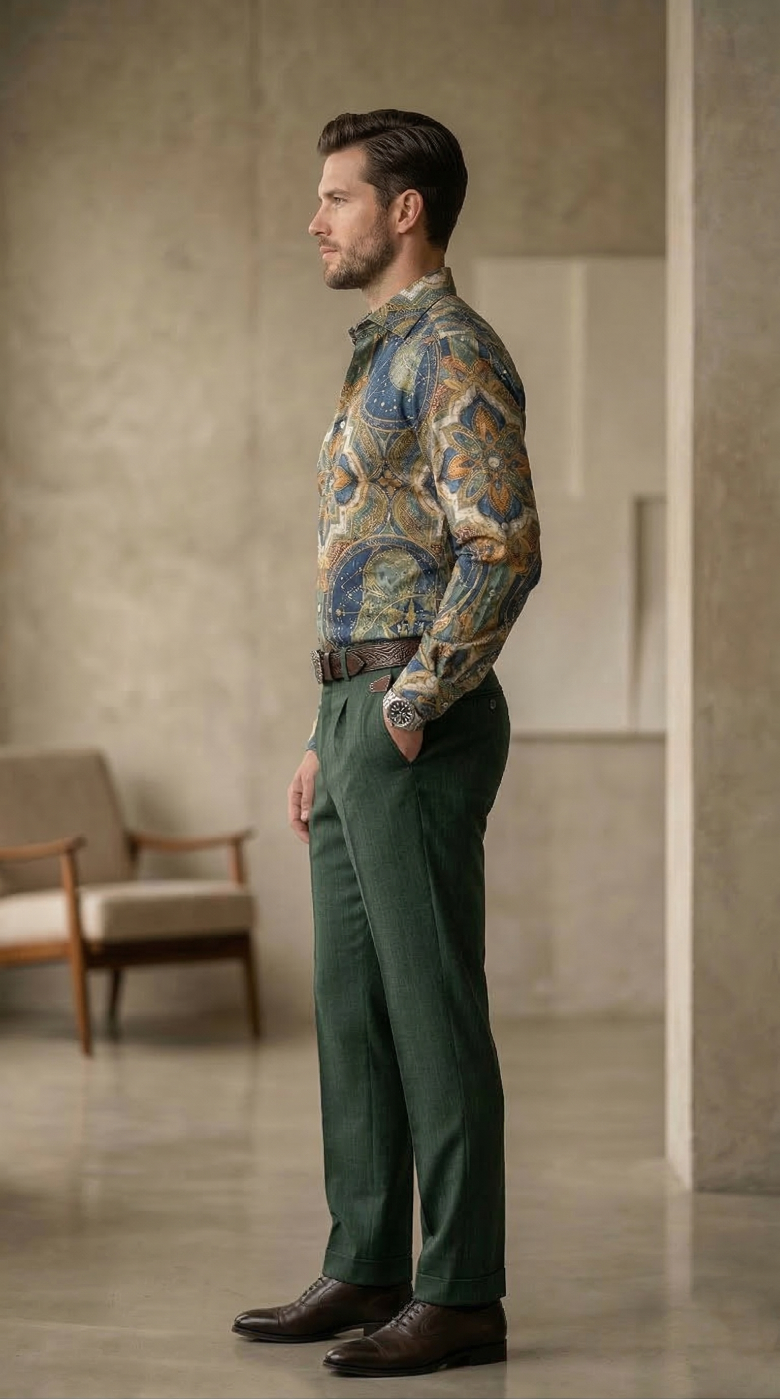Designer Men’s Maritime Celestial Print Shirt – Deep Sea Teal & Ochre Compass Mandala Motif