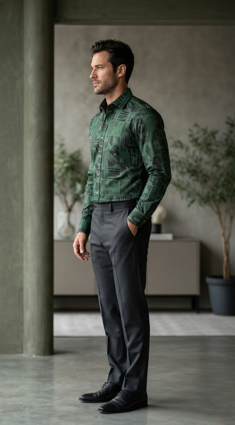 Men’s Designer Slim-Fit Emerald Geometric Glyph Print Shirt