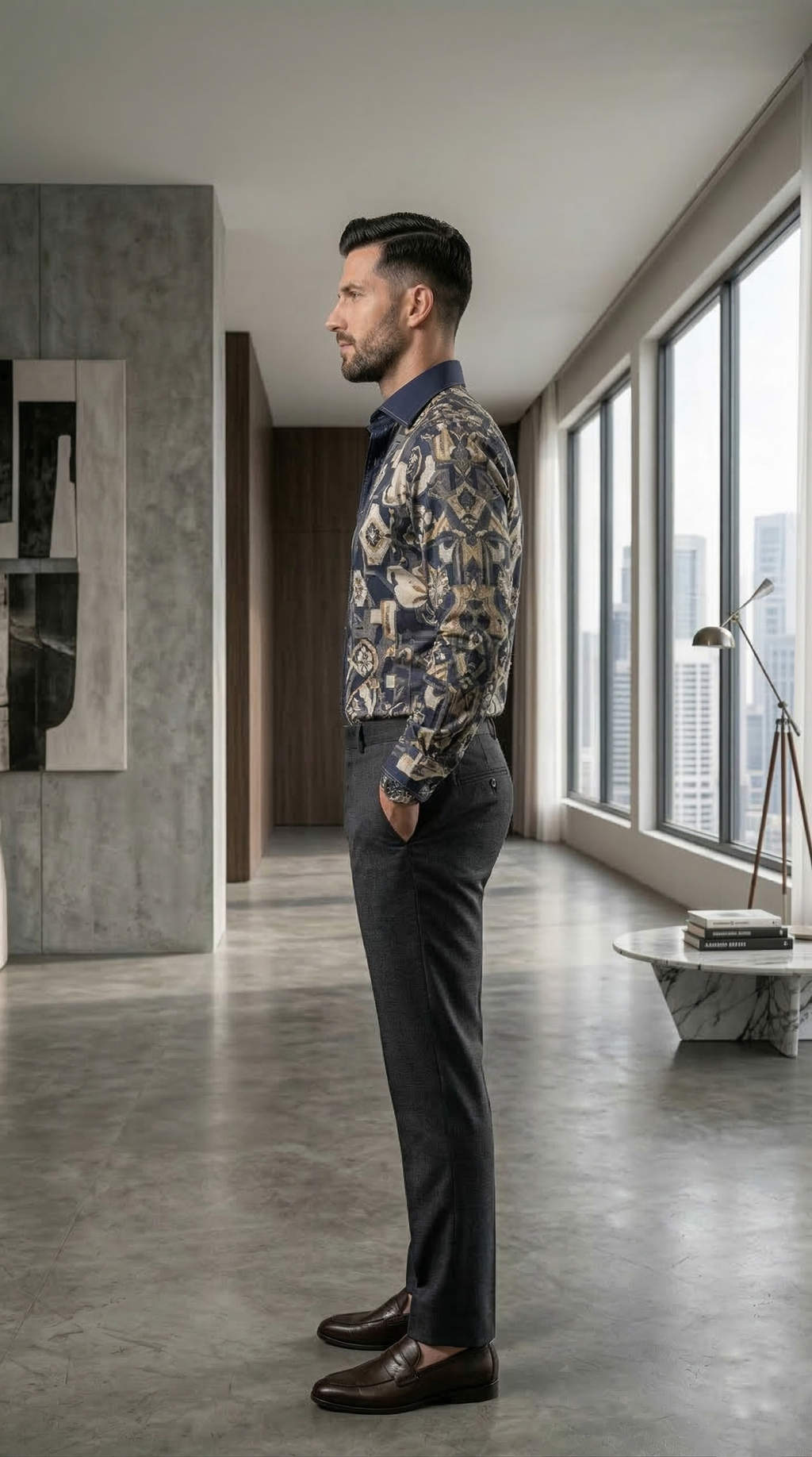 Designer Men’s Baroque Floral Print Shirt – Navy & Gold Botanical Geometric Motif