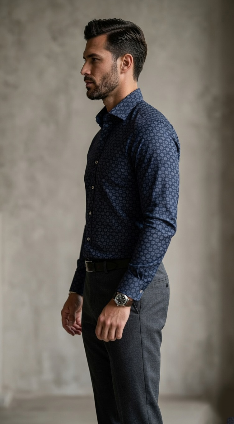 Designer Men’s Navy Medallion Print Dress Shirt – Slim Fit Geometric Floral