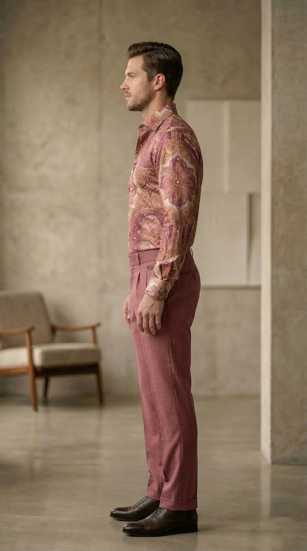 Designer Men’s Dusty Rose Mandala Print Shirt – Celestial Gold & Mauve Ornate Motif