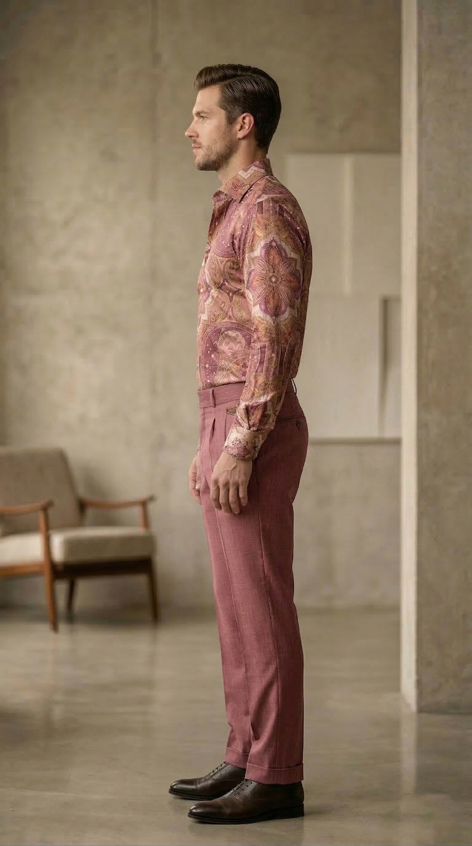 Designer Men’s Dusty Rose Mandala Print Shirt – Celestial Gold & Mauve Ornate Motif