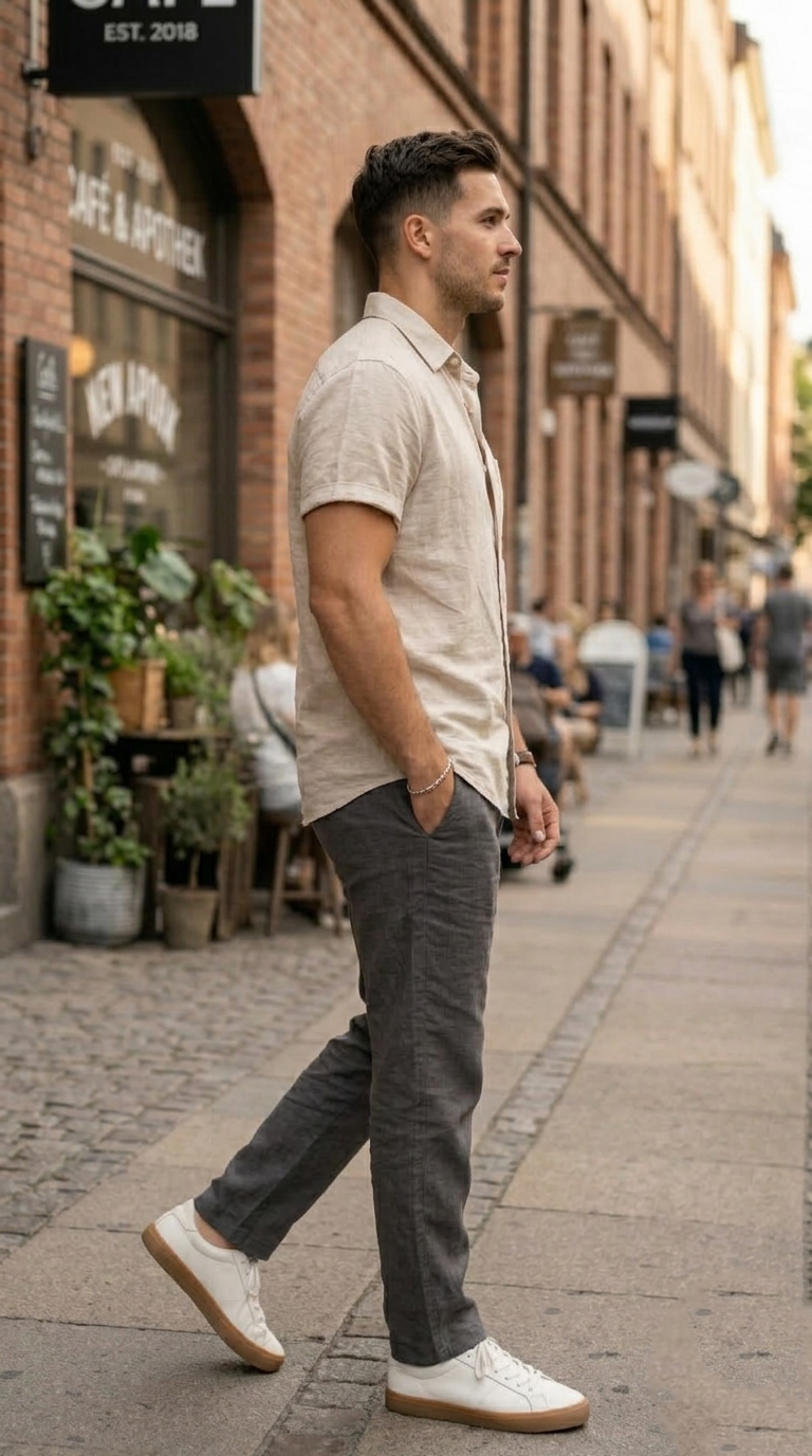 Men’s Light Beige Casual Short Sleeve Shirt