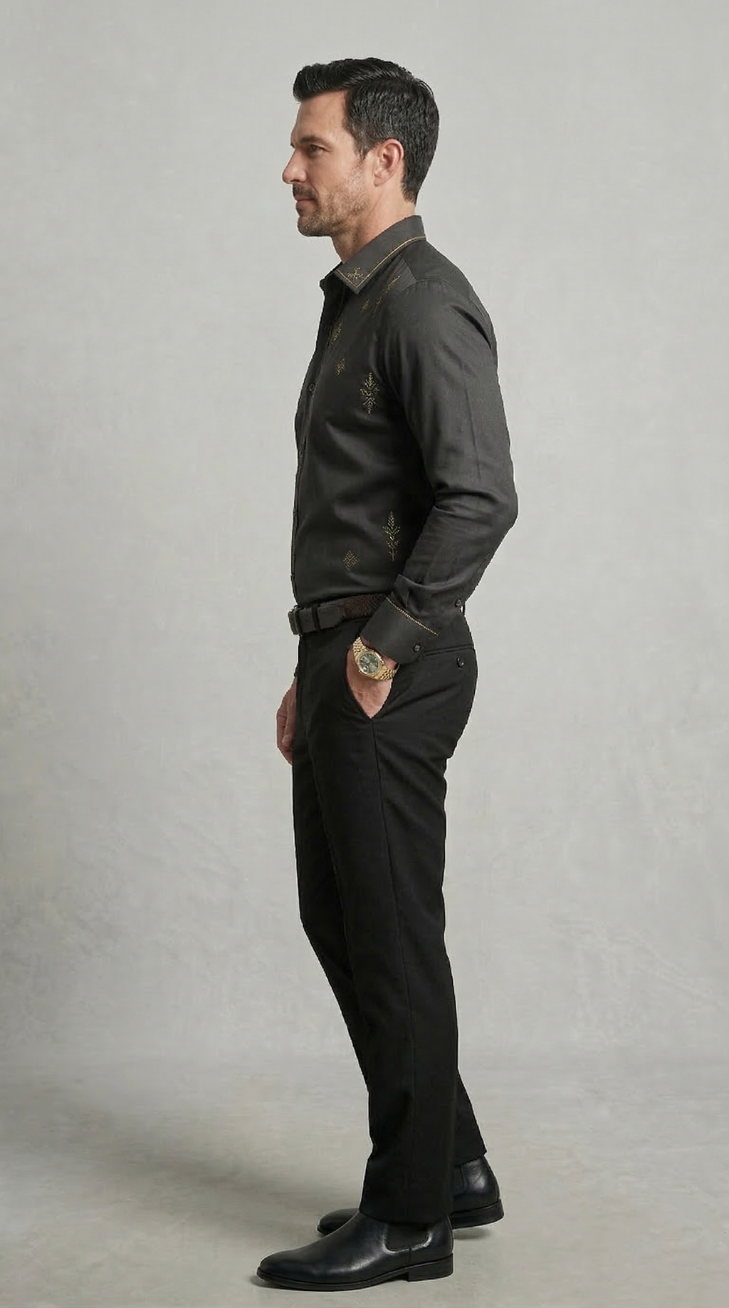 Designer Men’s Charcoal Black Embroidered Dress Shirt – Gold Filigree & Geometric Motif