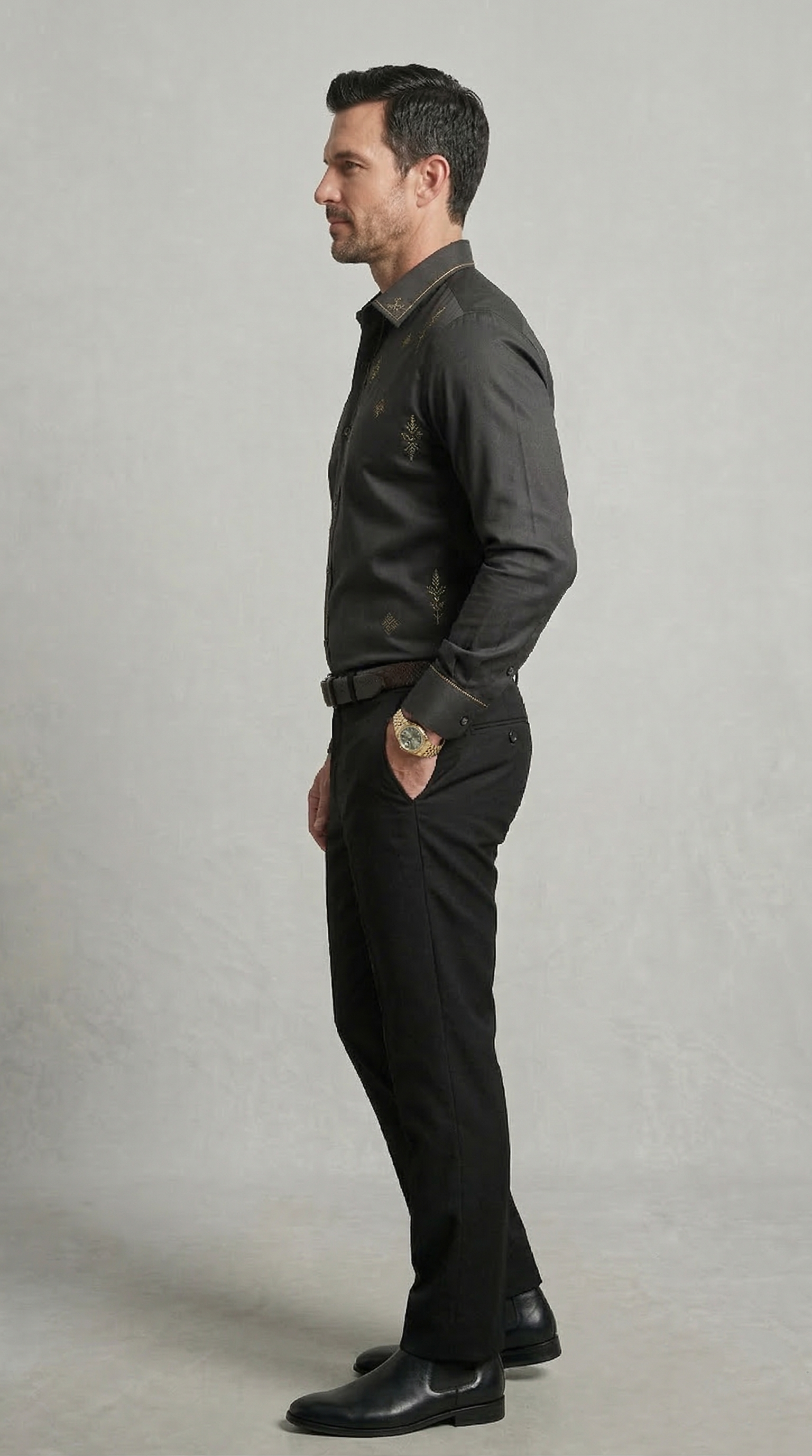 Designer Men’s Charcoal Black Embroidered Dress Shirt – Gold Filigree & Geometric Motif