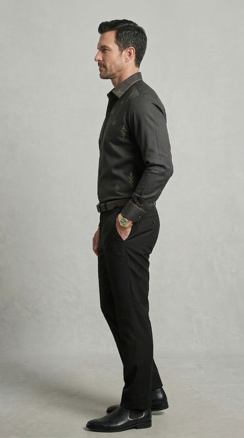 Designer Men’s Charcoal Black Embroidered Dress Shirt – Gold Filigree & Geometric Motif