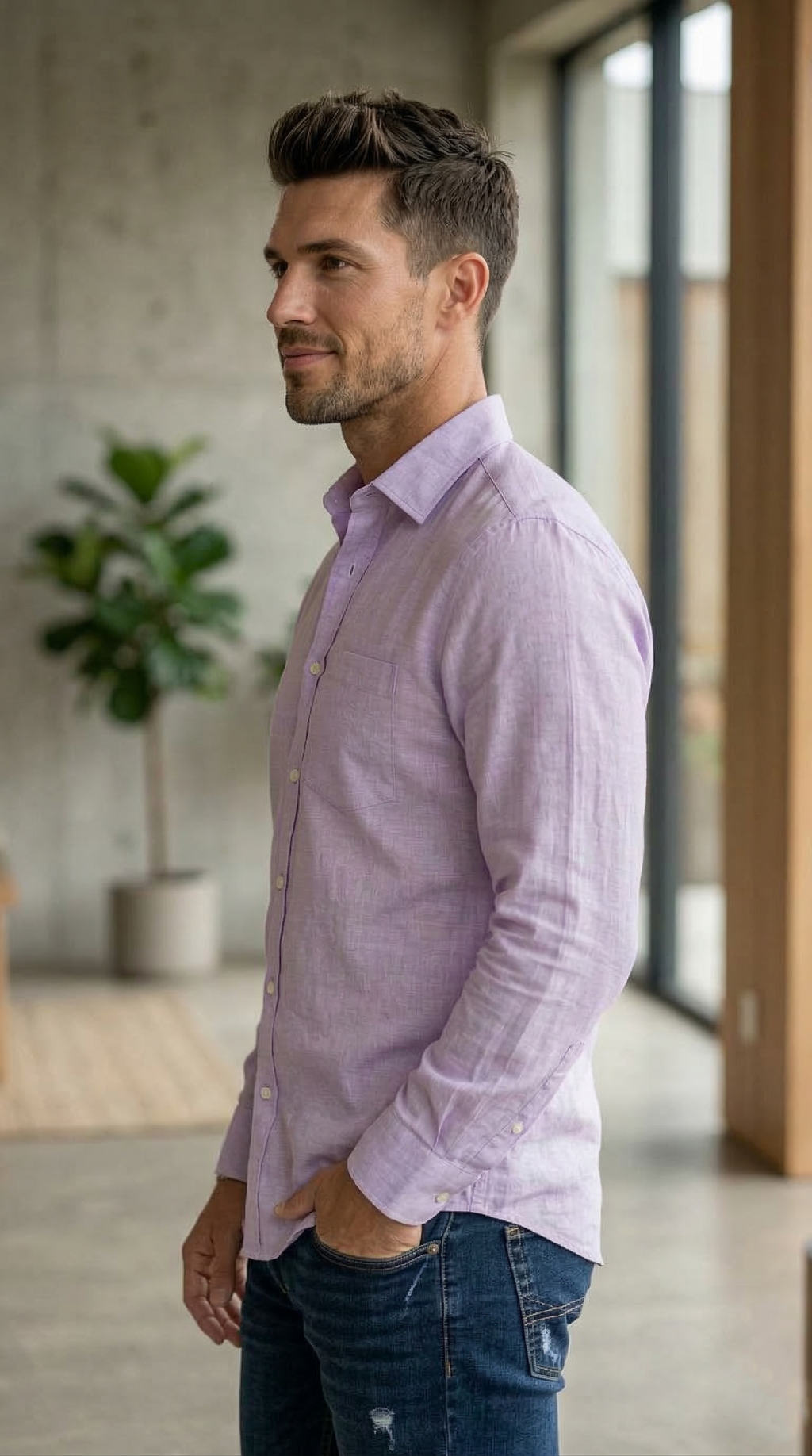 Men’s Casual Slim-Fit Linen-Cotton Shirt in Heathered Lavender