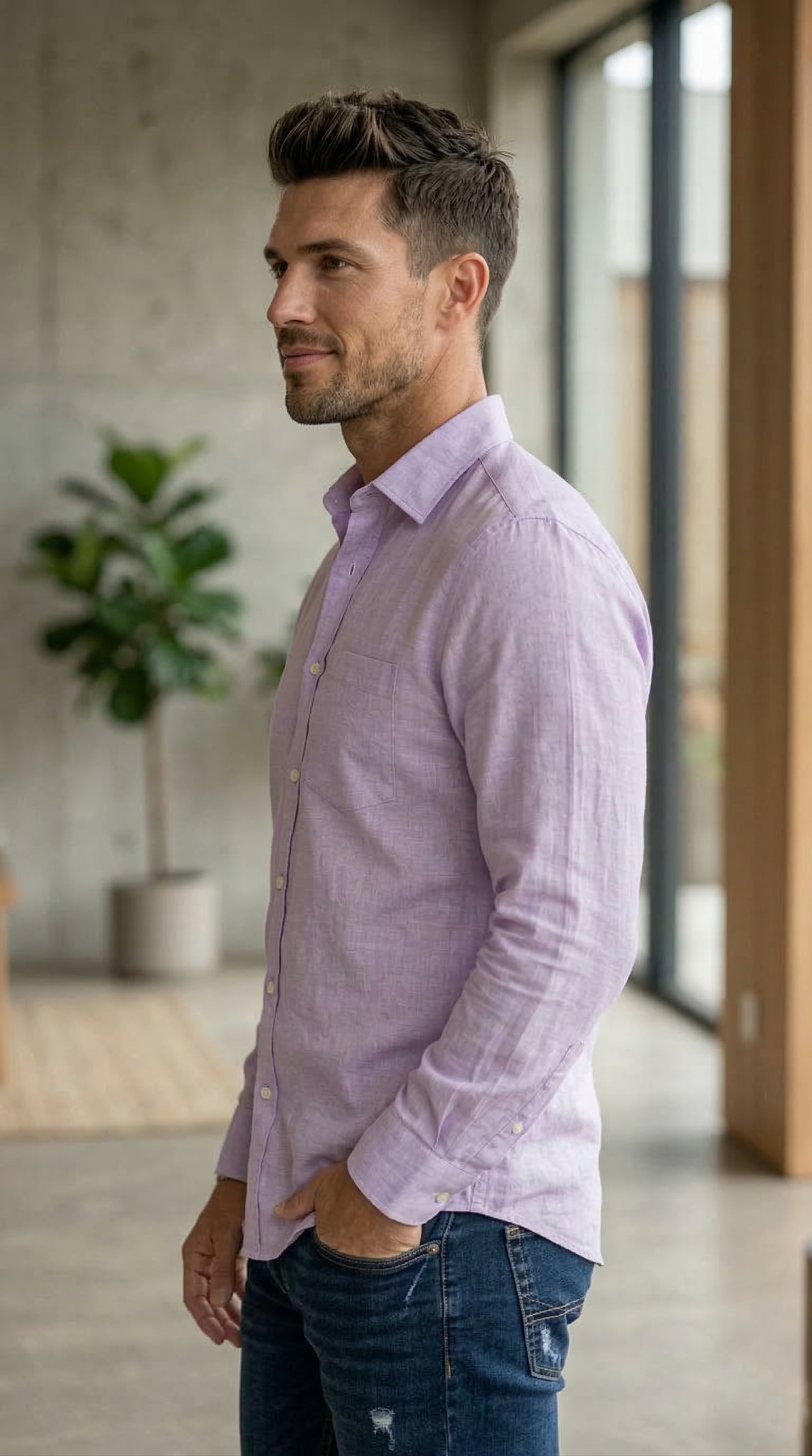 Men’s Casual Slim-Fit Linen-Cotton Shirt in Heathered Lavender