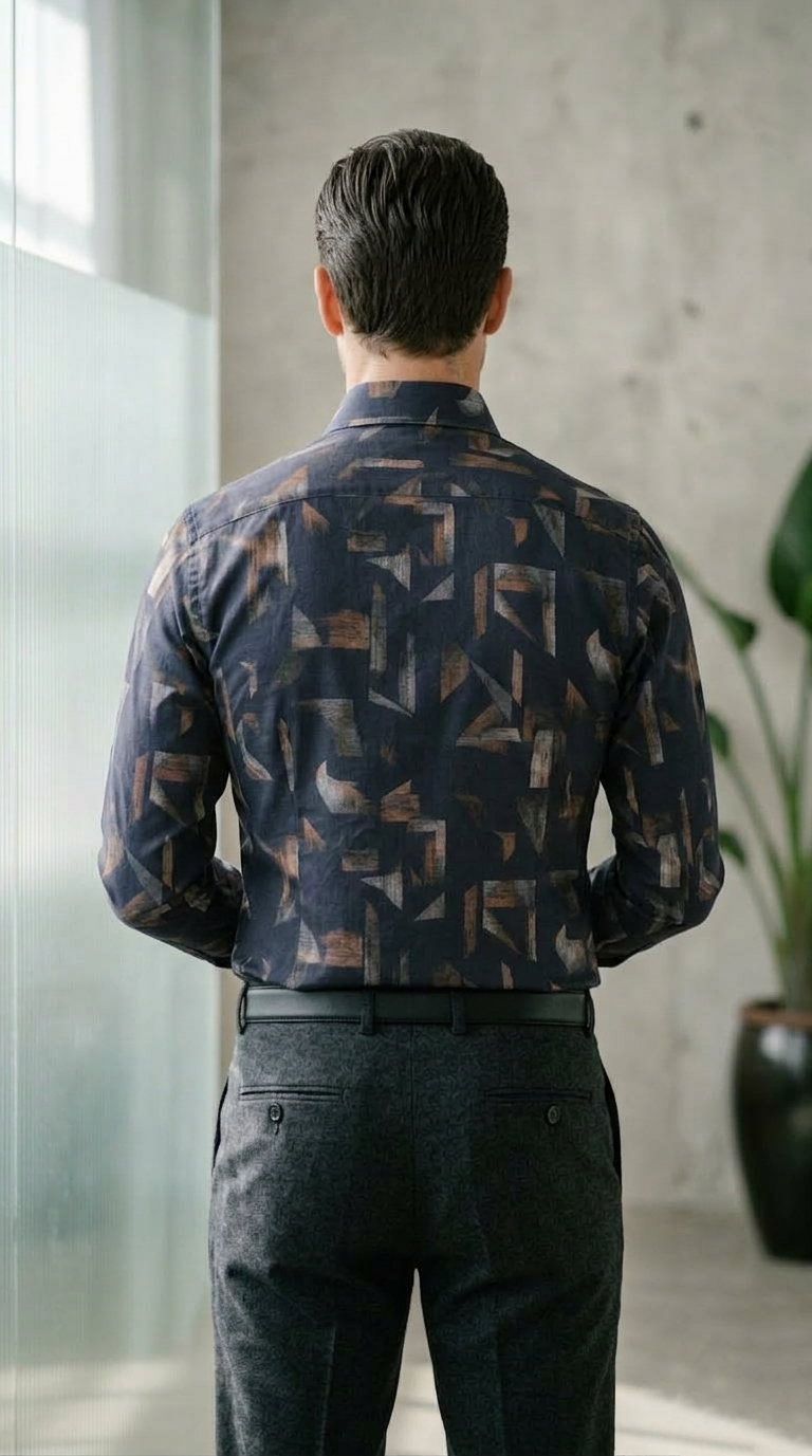 Designer Men’s Abstract Shattered Geometric Shirt – Navy & Copper Fragmented Print