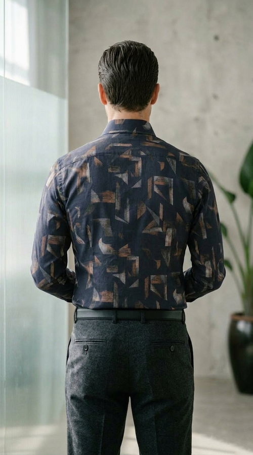 Designer Men’s Abstract Shattered Geometric Shirt – Navy & Copper Fragmented Print