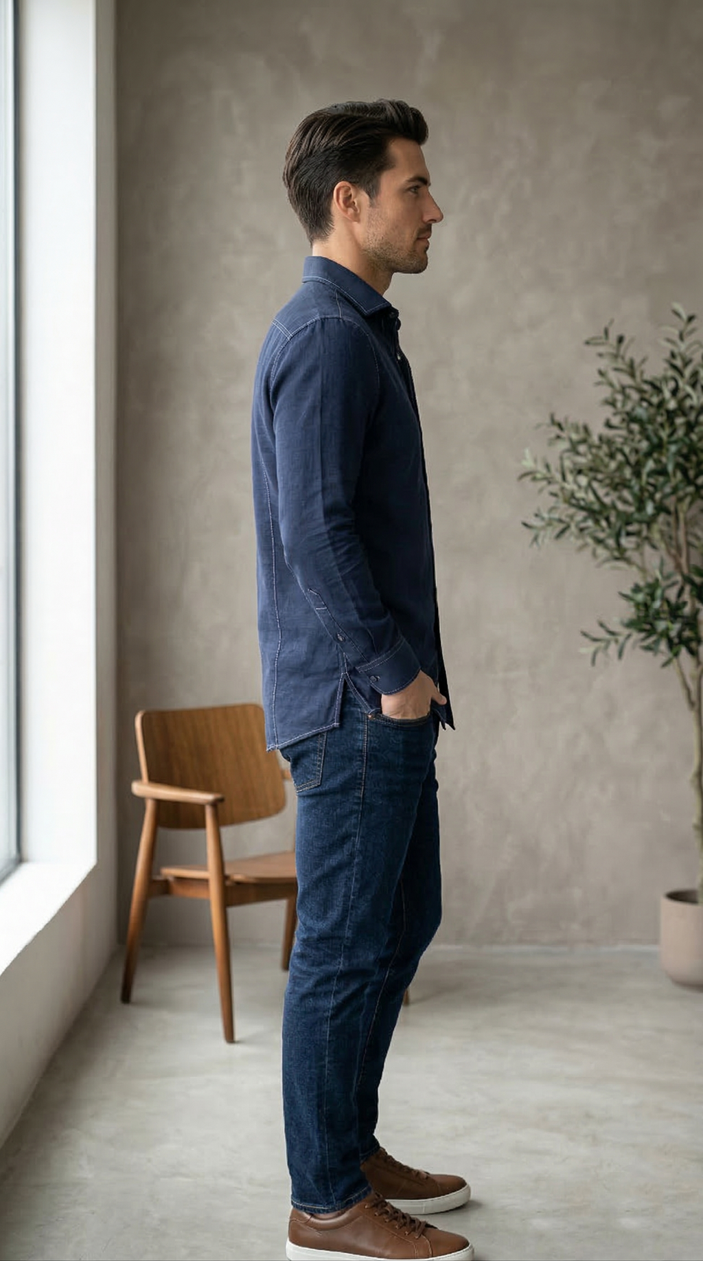 Men’s Deep Indigo Denim-Look Casual shirt with Contrast Topstitching