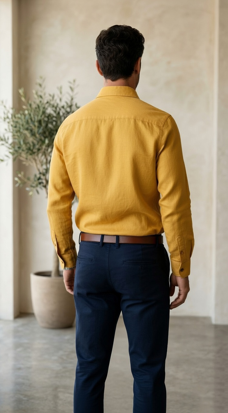 Men’s Casual Long-Sleeve Linen-Blend Shirt in Mustard Gold