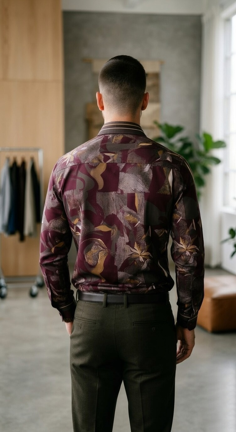 Men’s Designer Slim-Fit Abstract Mosaic Print Shirt – Burgundy & Olive Ochre