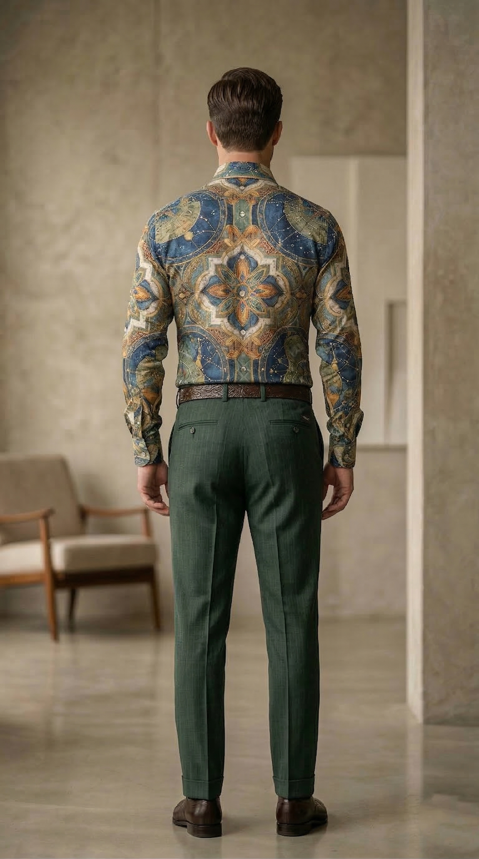 Designer Men’s Maritime Celestial Print Shirt – Deep Sea Teal & Ochre Compass Mandala Motif