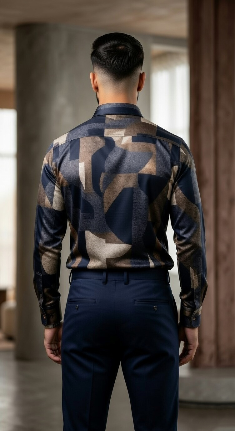 Men’s Designer Slim-Fit Abstract Fragment Print Shirt – Midnight & Burnished Bronze