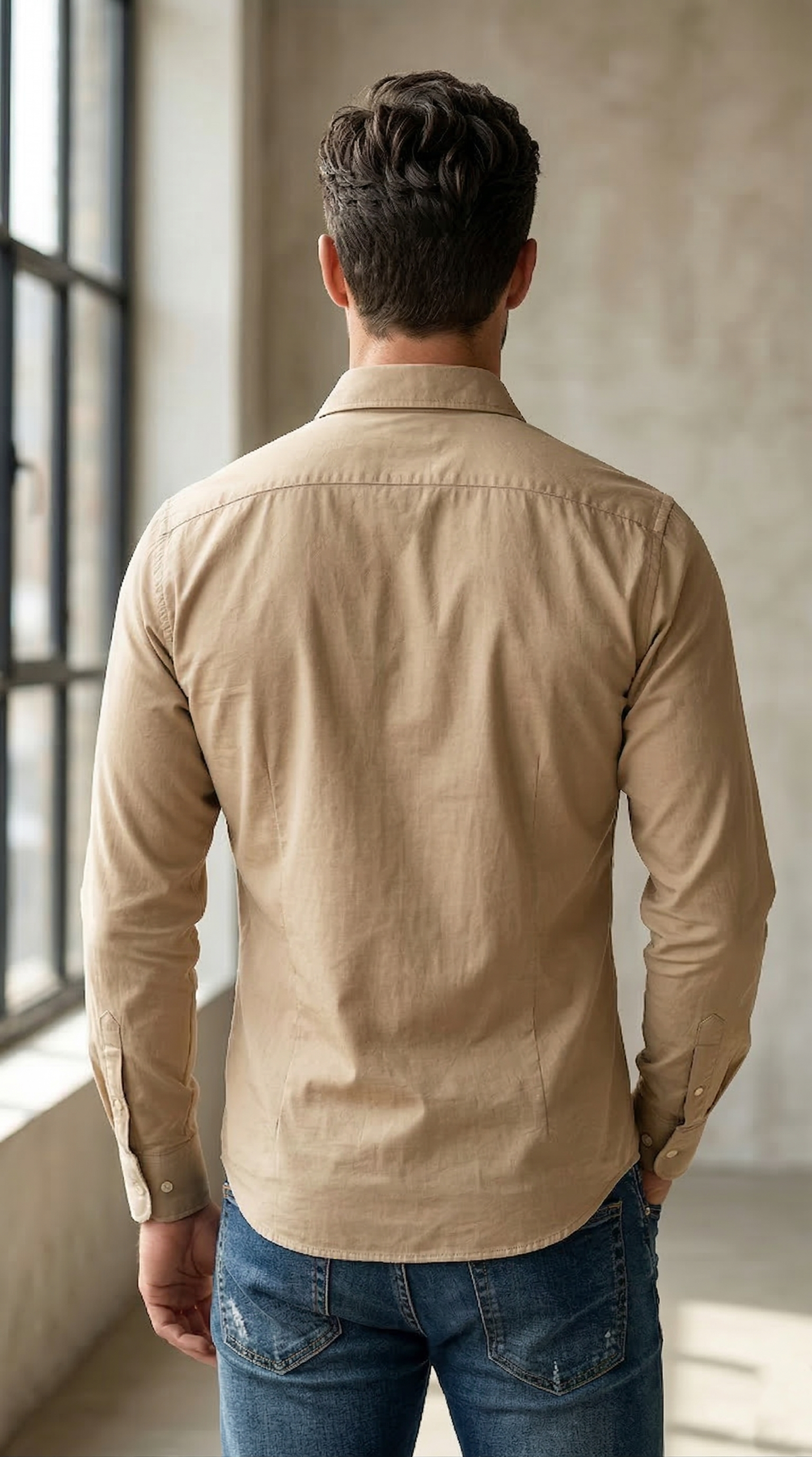 Men’s Casual Slim-Fit Stretch Poplin Shirt in Khaki Tan