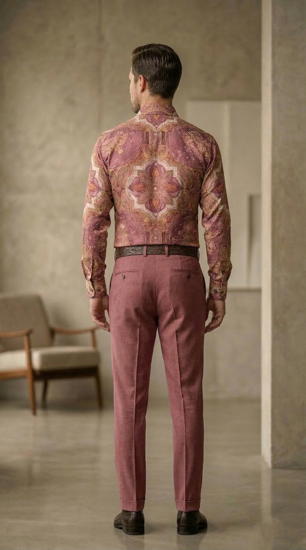 Designer Men’s Dusty Rose Mandala Print Shirt – Celestial Gold & Mauve Ornate Motif