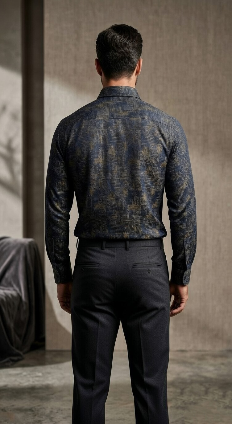 Designer Men’s Navy & Gold Jacquard Shirt – Abstract Cross-Hatch Textured Dress Shirt