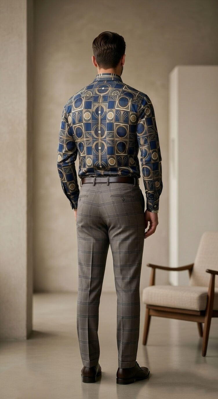Designer Men’s Art Deco Tile Print Shirt – Navy & Gold Architectural Motif