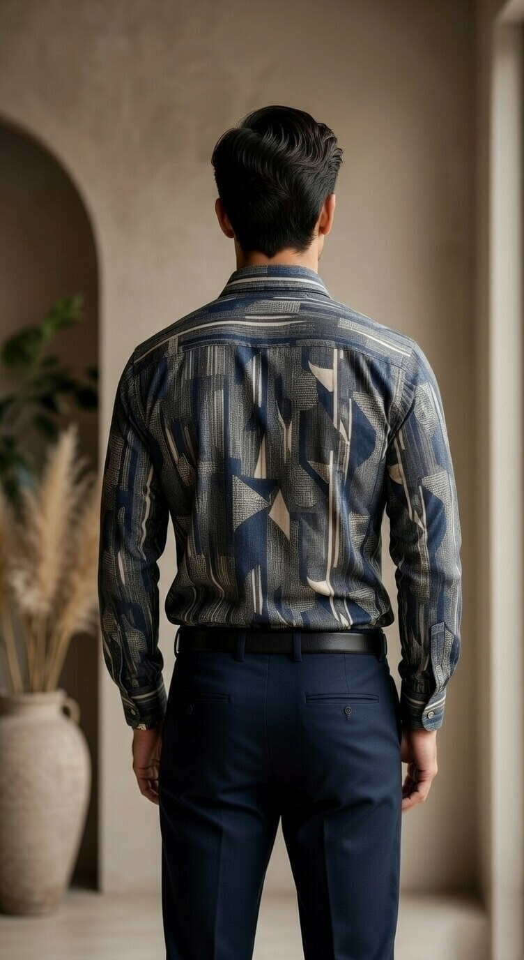 Designer Men’s Abstract Geometric Print Shirt – Modern Slate & Charcoal Art-Deco Motif