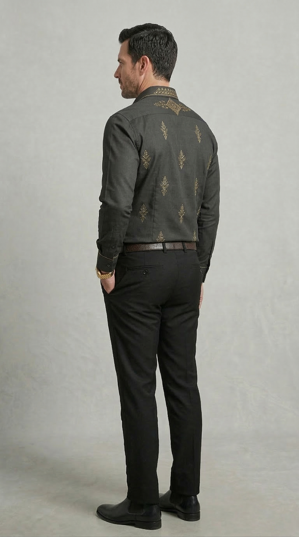 Designer Men’s Charcoal Black Embroidered Dress Shirt – Gold Filigree & Geometric Motif