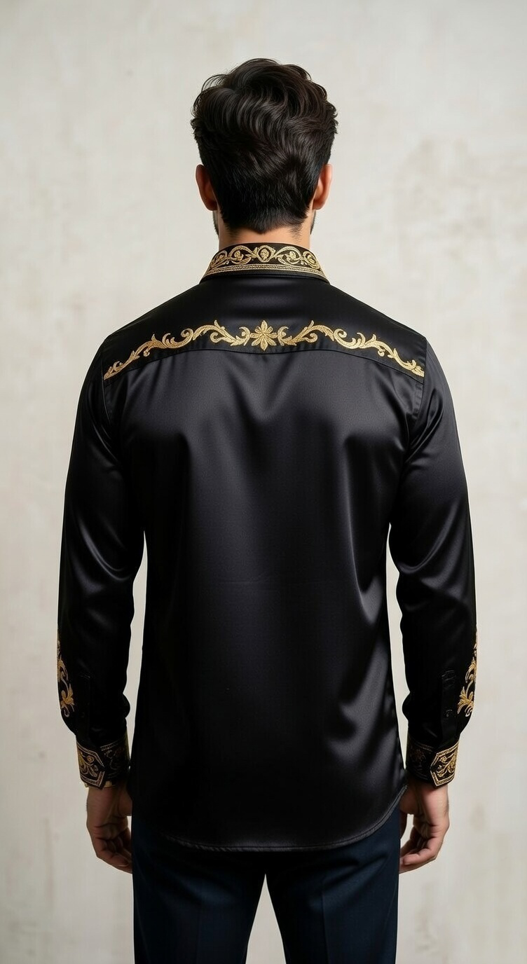 Men’s Designer Slim-Fit Baroque Embroidered Silk-Sateen Shirt – Black & Royal Gold