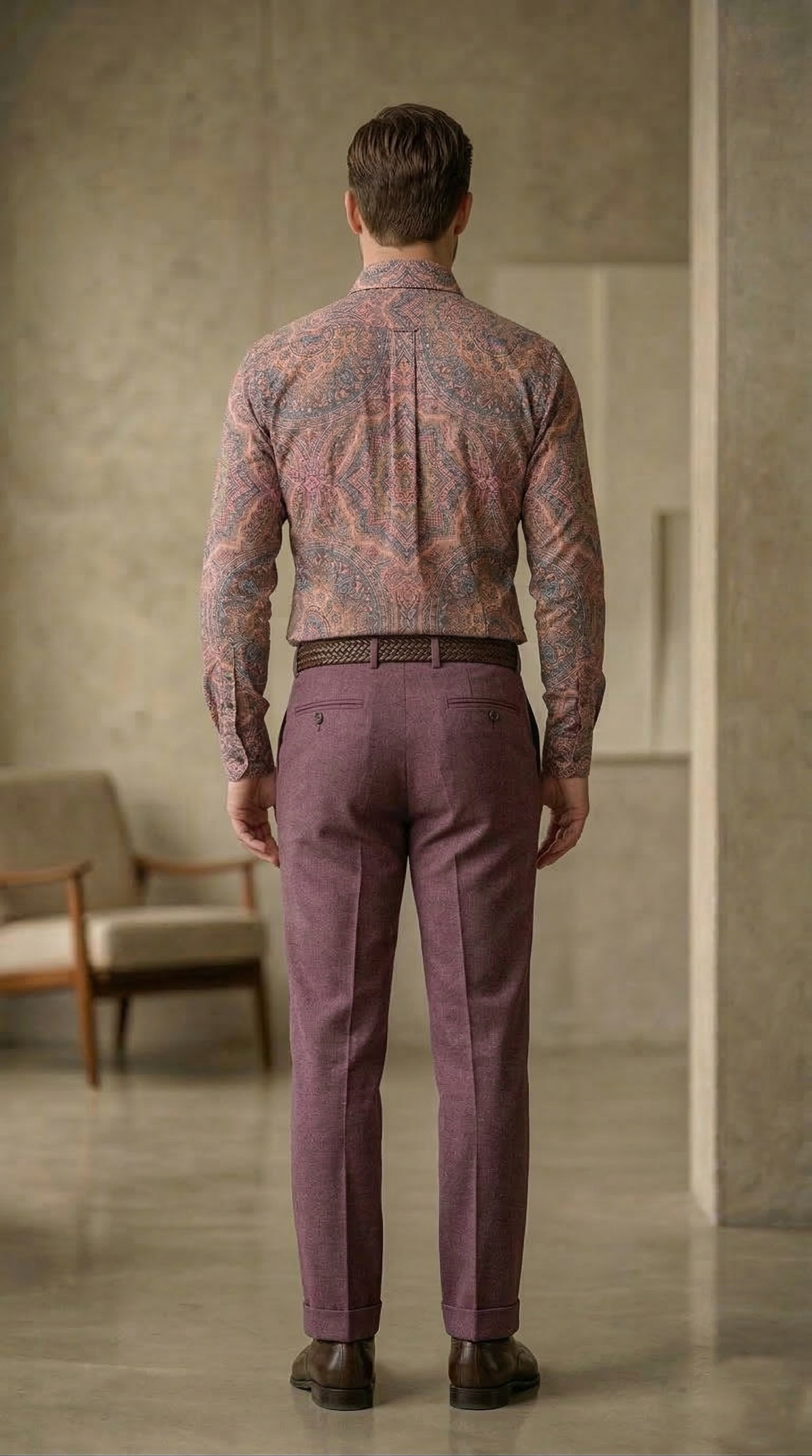 Designer Men’s Ornate Mandala Print Shirt – Sunset Copper & Plum Kaleidoscope Motif