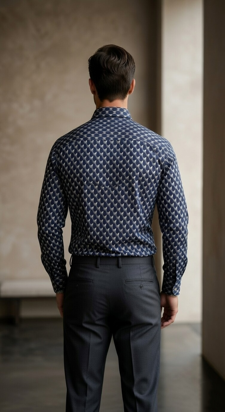 Designer Men’s Geometric Hexagon Print Shirt – Navy & Slate 3D Optical Motif