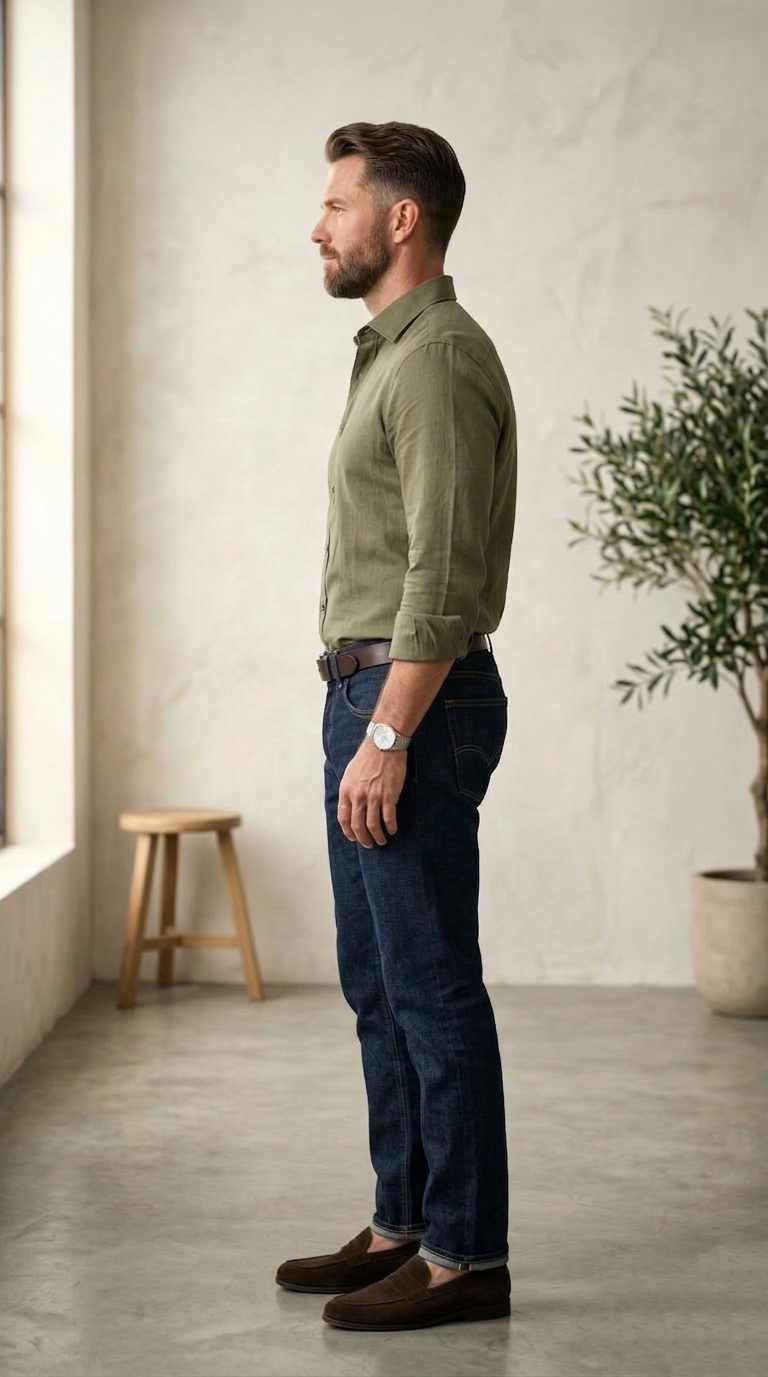 Men’s Premium Linen-Blend Button-Down Shirt in Olive Drab