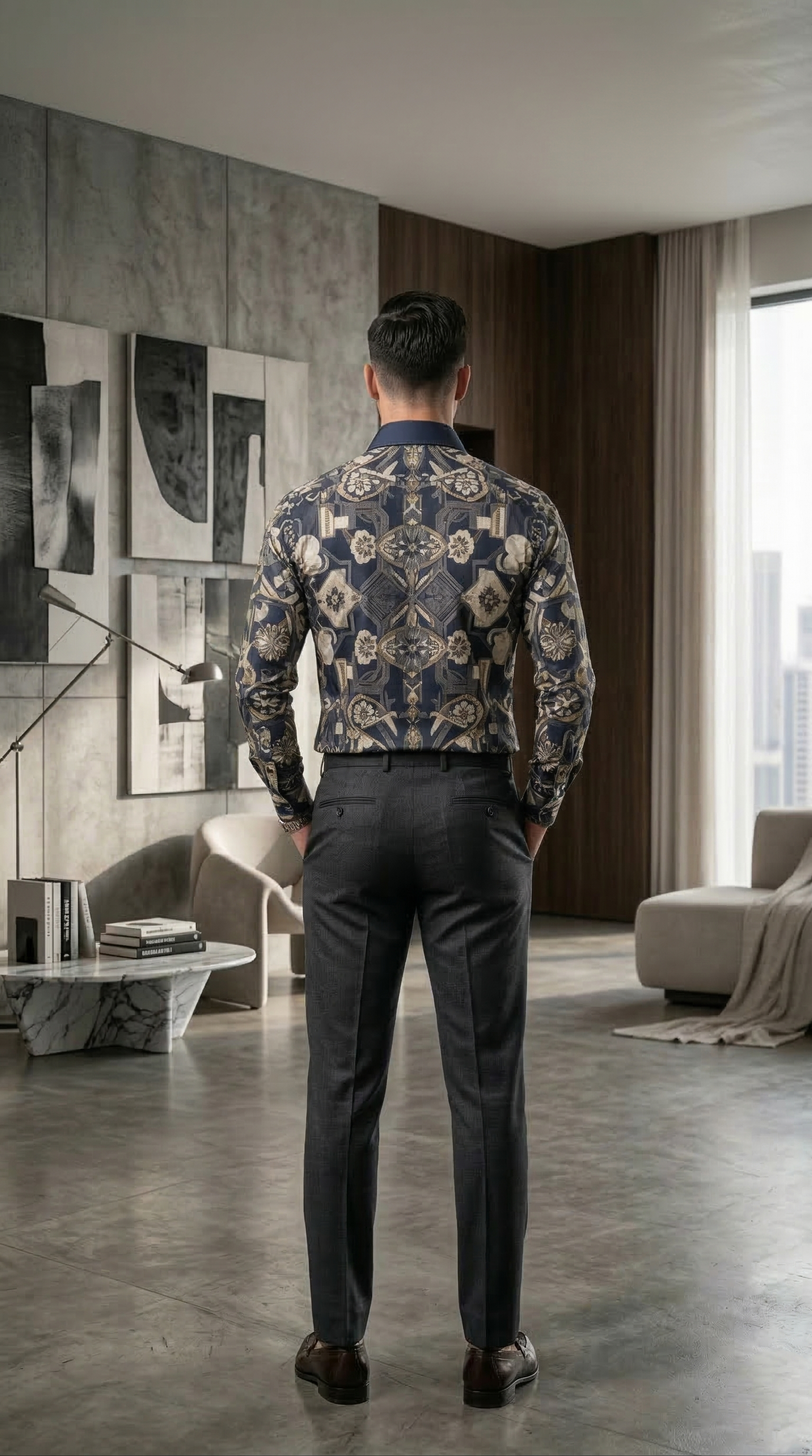 Designer Men’s Baroque Floral Print Shirt – Navy & Gold Botanical Geometric Motif