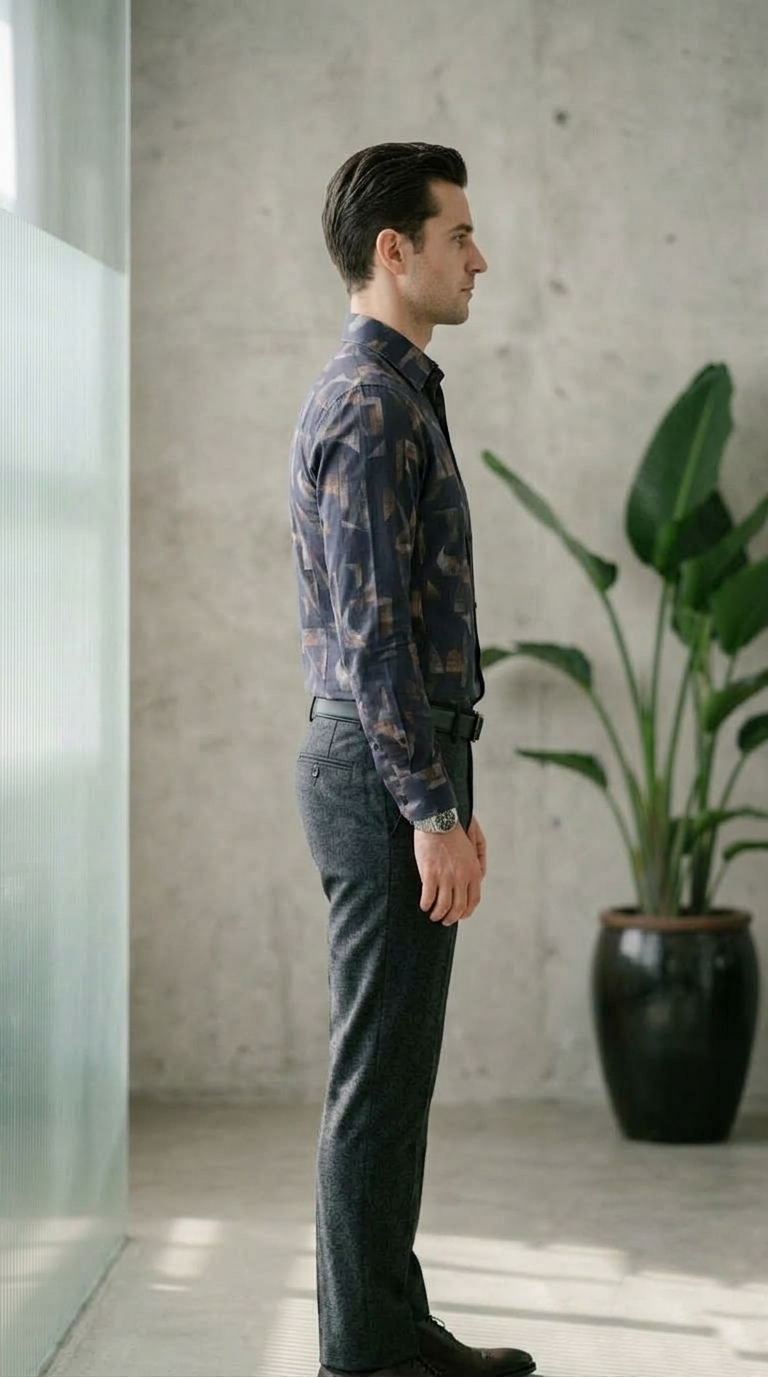 Designer Men’s Abstract Shattered Geometric Shirt – Navy & Copper Fragmented Print