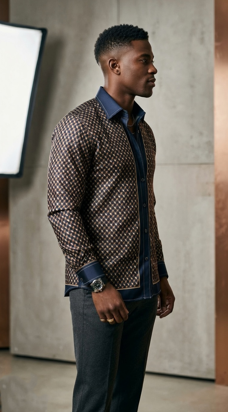 Men’s Designer Engineered Silk-Sateen Scarf-Print Shirt