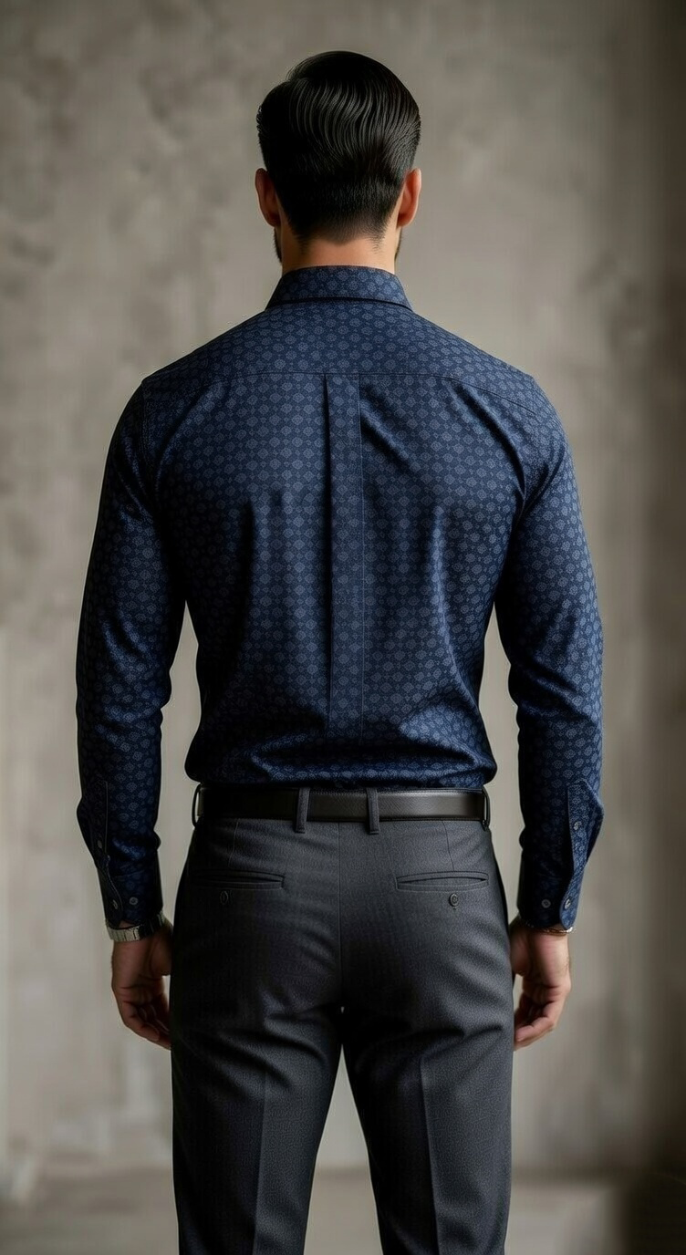 Designer Men’s Navy Medallion Print Dress Shirt – Slim Fit Geometric Floral