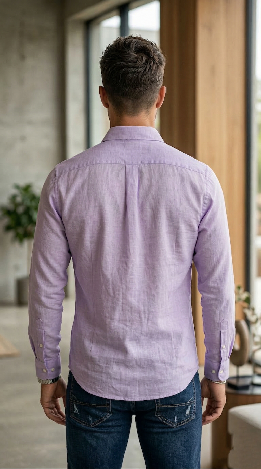 Men’s Casual Slim-Fit Linen-Cotton Shirt in Heathered Lavender