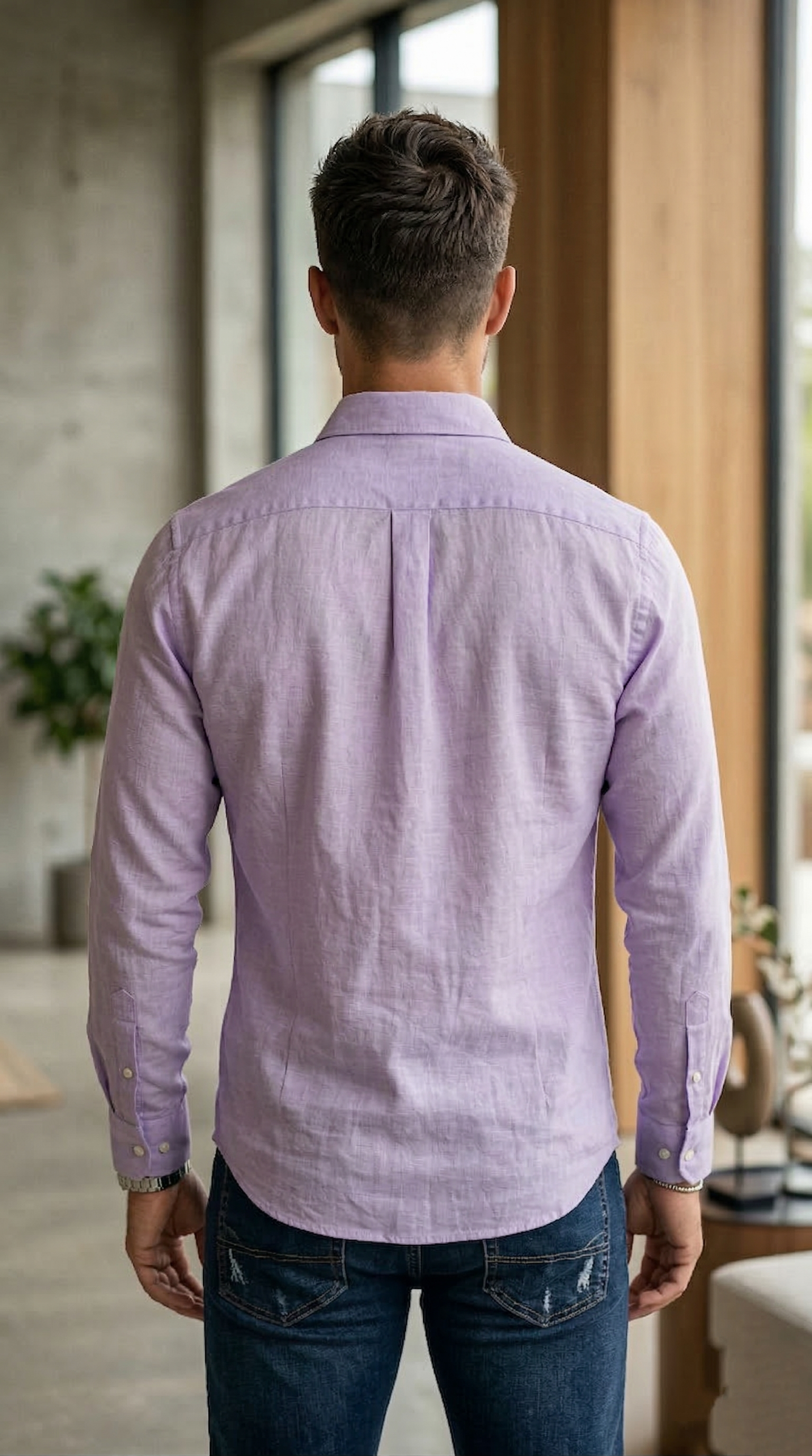 Men’s Casual Slim-Fit Linen-Cotton Shirt in Heathered Lavender