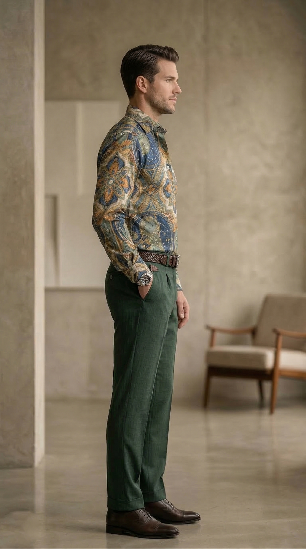 Designer Men’s Maritime Celestial Print Shirt – Deep Sea Teal & Ochre Compass Mandala Motif