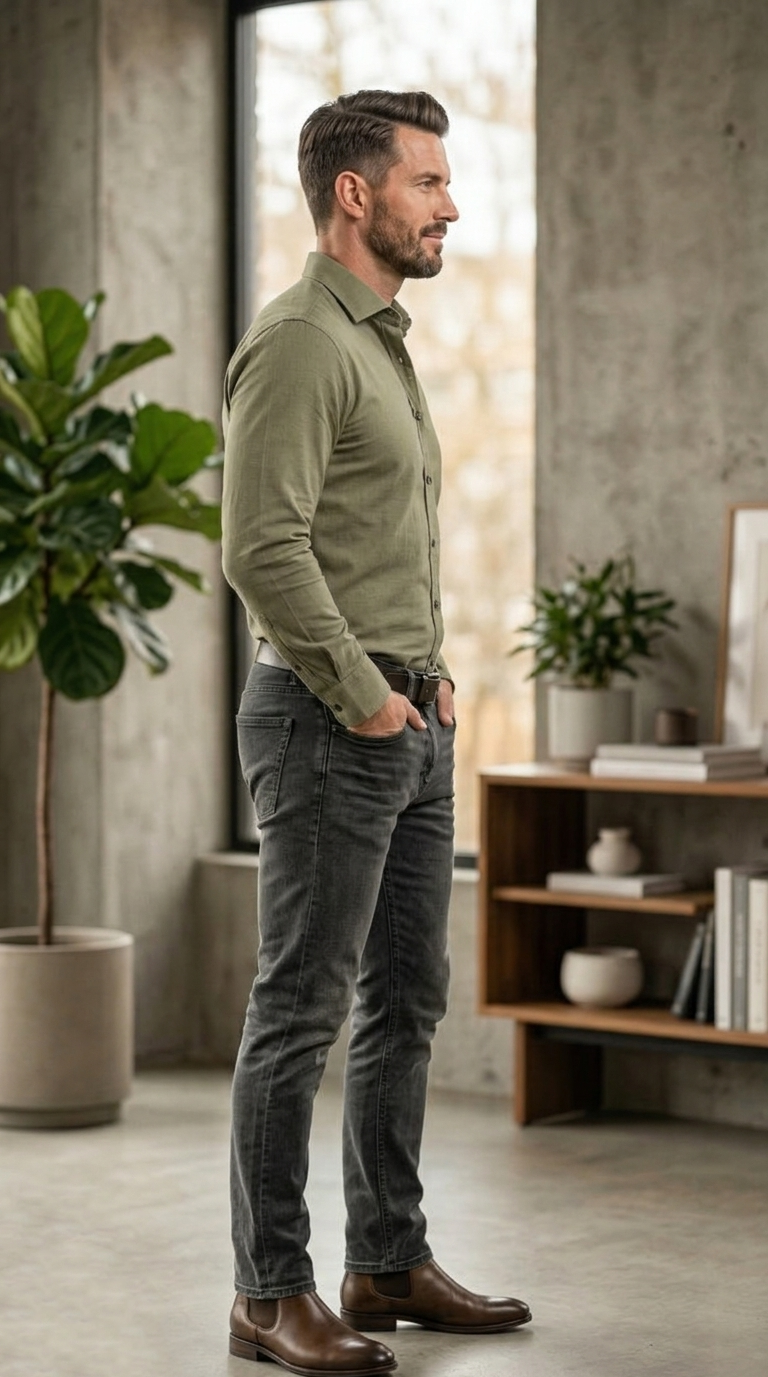 Men’s Casual Slim-Fit Brushed Twill Shirt in Sage Olive