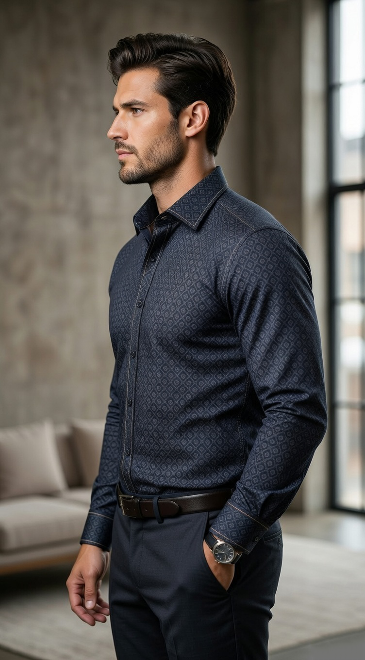 Men's Slim-Fit Midnight Navy Geo-Print Dress Shirt with Contrast Topstitching