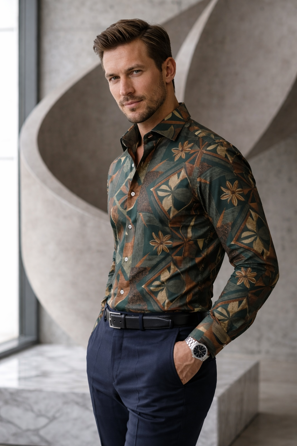 Men’s Designer Slim-Fit Abstract Botanical Mosaic Shirt