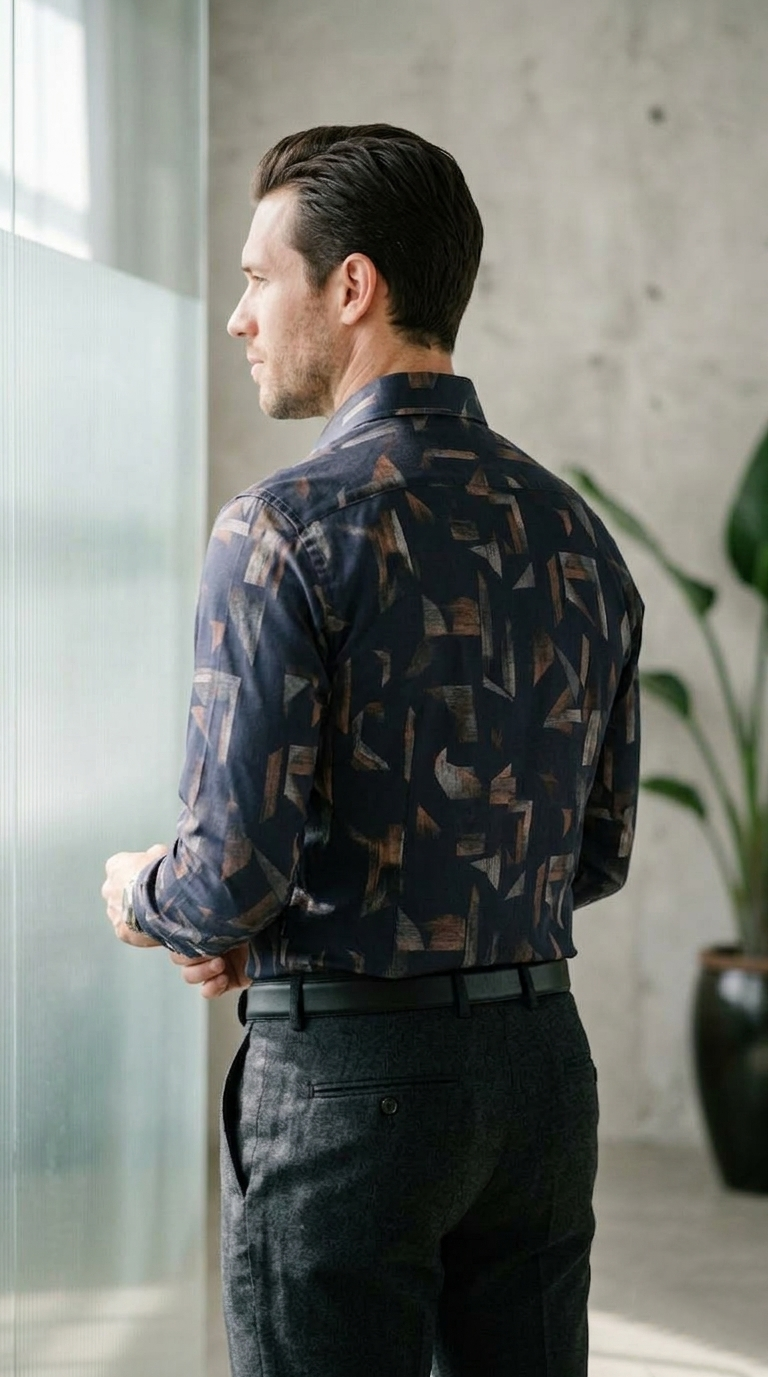 Designer Men’s Abstract Shattered Geometric Shirt – Navy & Copper Fragmented Print