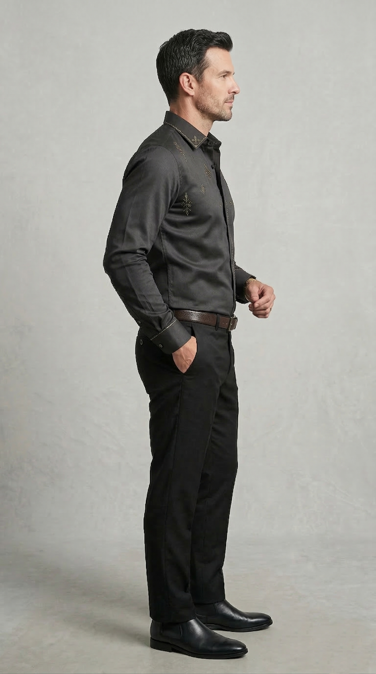 Designer Men’s Charcoal Black Embroidered Dress Shirt – Gold Filigree & Geometric Motif