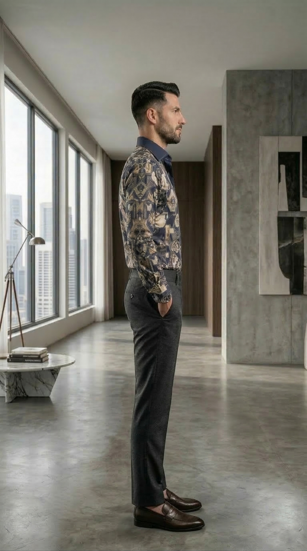 Designer Men’s Baroque Floral Print Shirt – Navy & Gold Botanical Geometric Motif