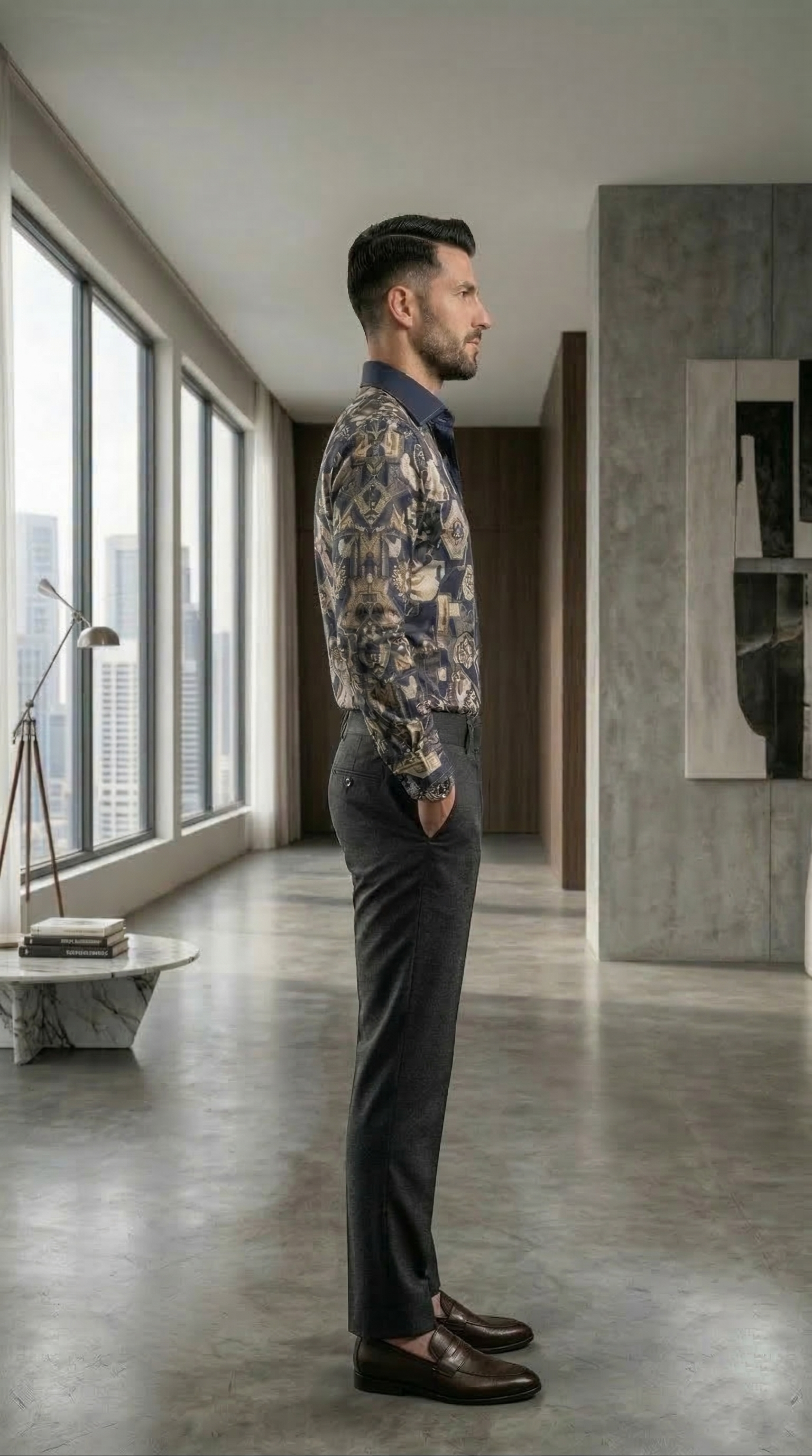 Designer Men’s Baroque Floral Print Shirt – Navy & Gold Botanical Geometric Motif