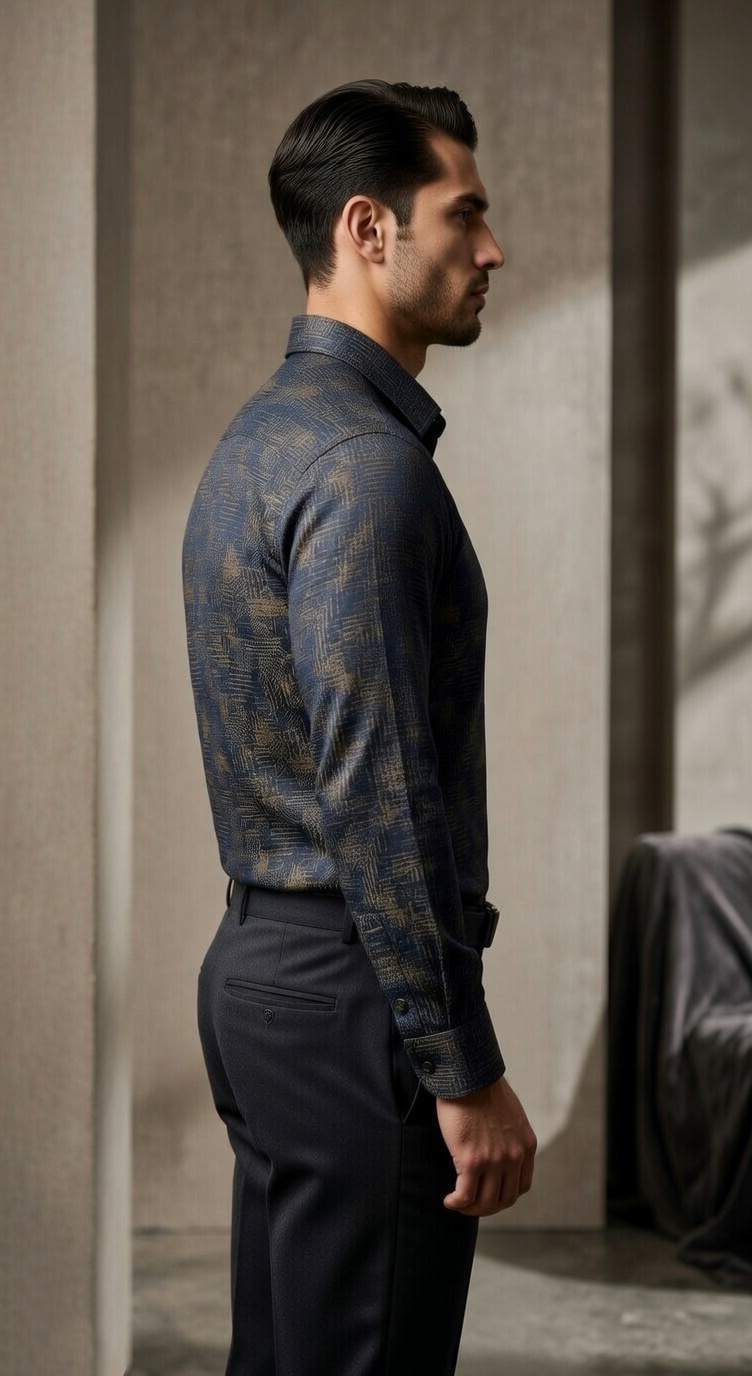 Designer Men’s Navy & Gold Jacquard Shirt – Abstract Cross-Hatch Textured Dress Shirt