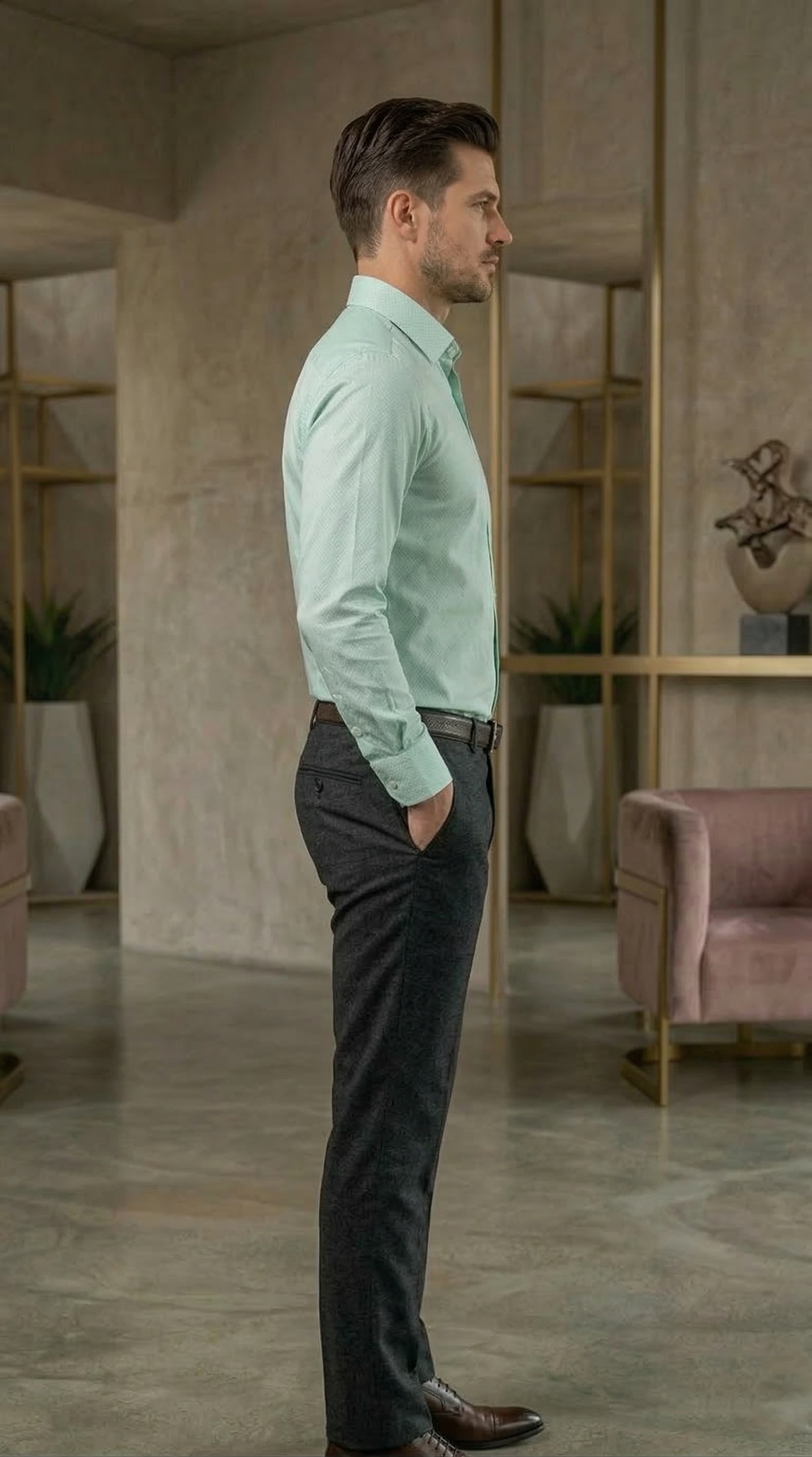 Men’s Designer Slim-Fit Diamond-Weave Shirt – Pistachio Mint
