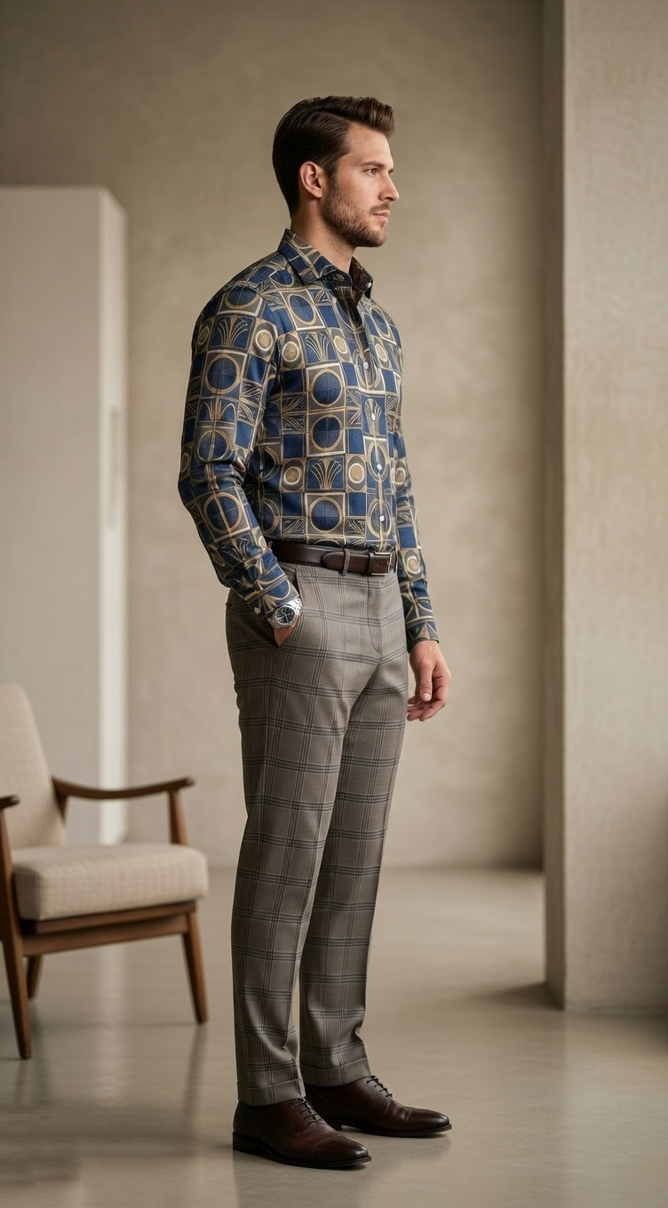 Designer Men’s Art Deco Tile Print Shirt – Navy & Gold Architectural Motif