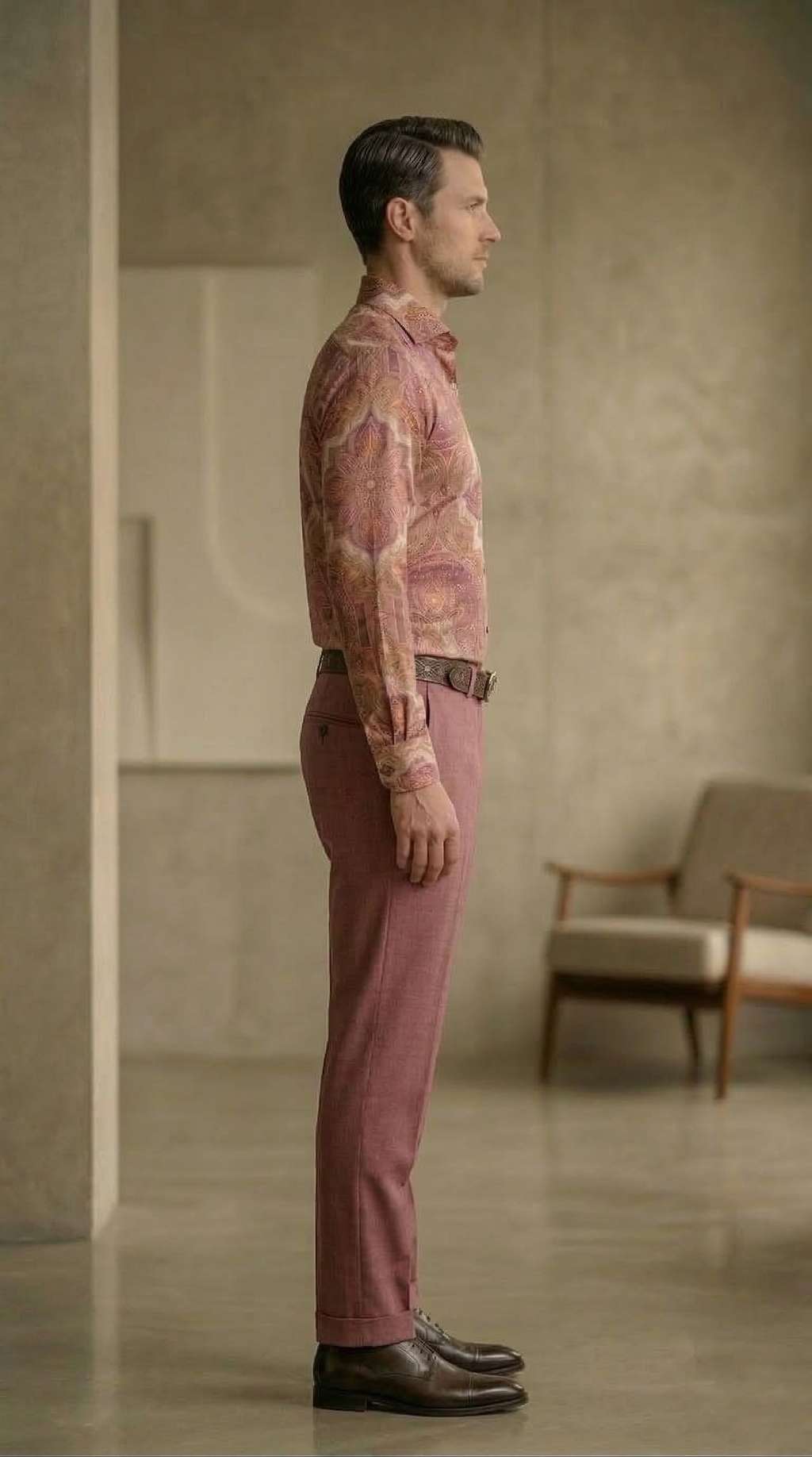 Designer Men’s Dusty Rose Mandala Print Shirt – Celestial Gold & Mauve Ornate Motif