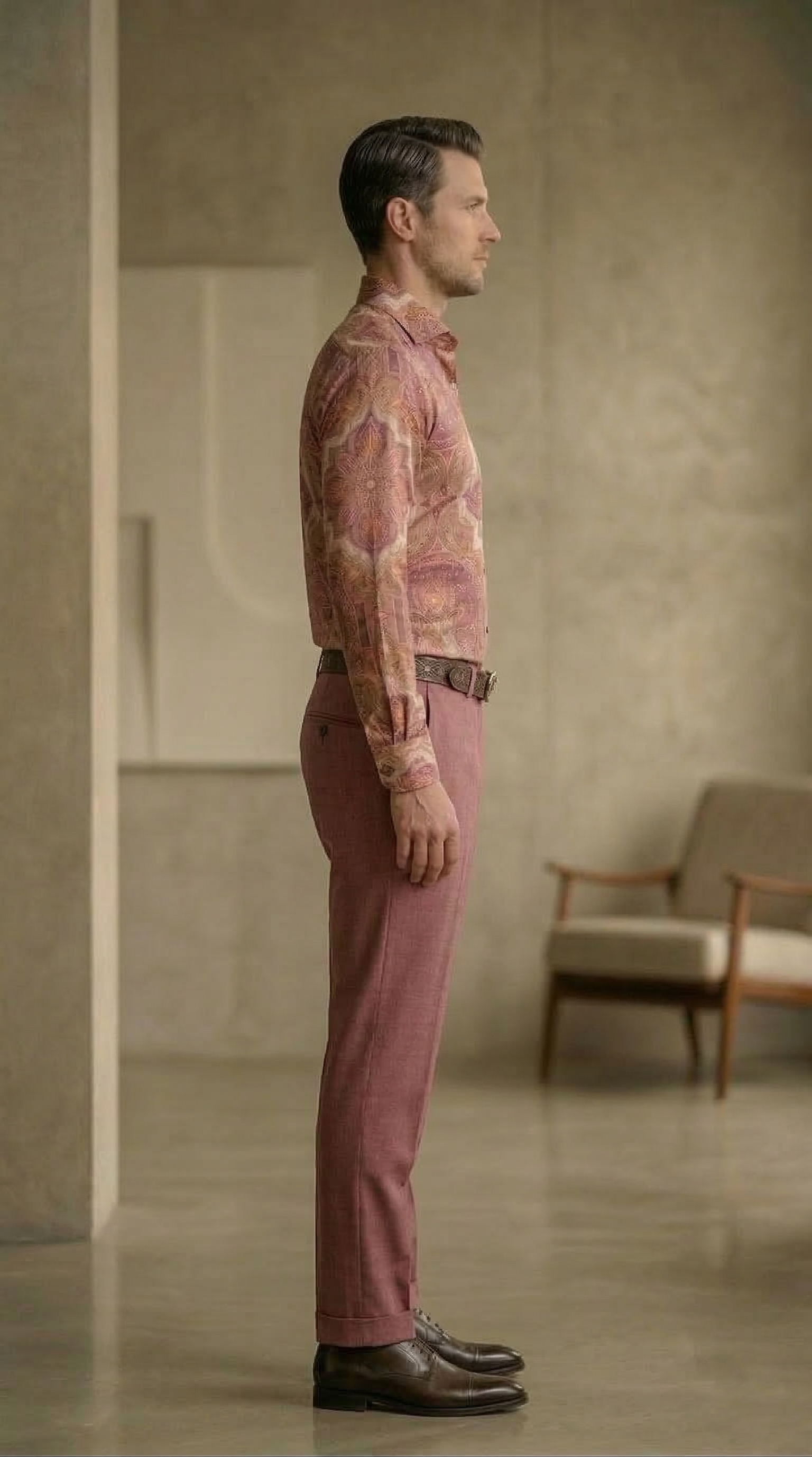 Designer Men’s Dusty Rose Mandala Print Shirt – Celestial Gold & Mauve Ornate Motif