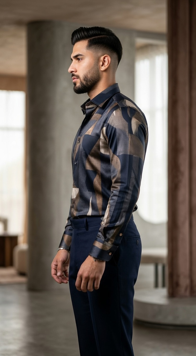 Men’s Designer Slim-Fit Abstract Fragment Print Shirt – Midnight & Burnished Bronze
